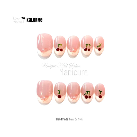 Cute Cherry French Almond Handmade Press On Nails