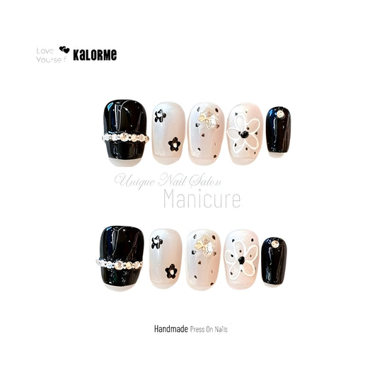 Small Floral Black Color Rhinestone French Cat Eye Handmade Press On Nail