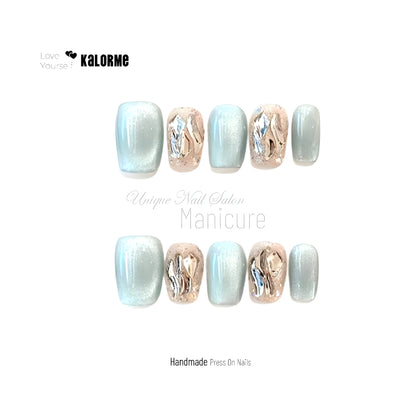 Irregular Rhinestones Blue Cat Eye Handmade Press On Nails