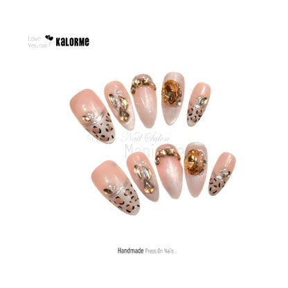 Glitter Rhinestone Flash Nude Color Leopard Cat's Eye Handmade Press On Nails