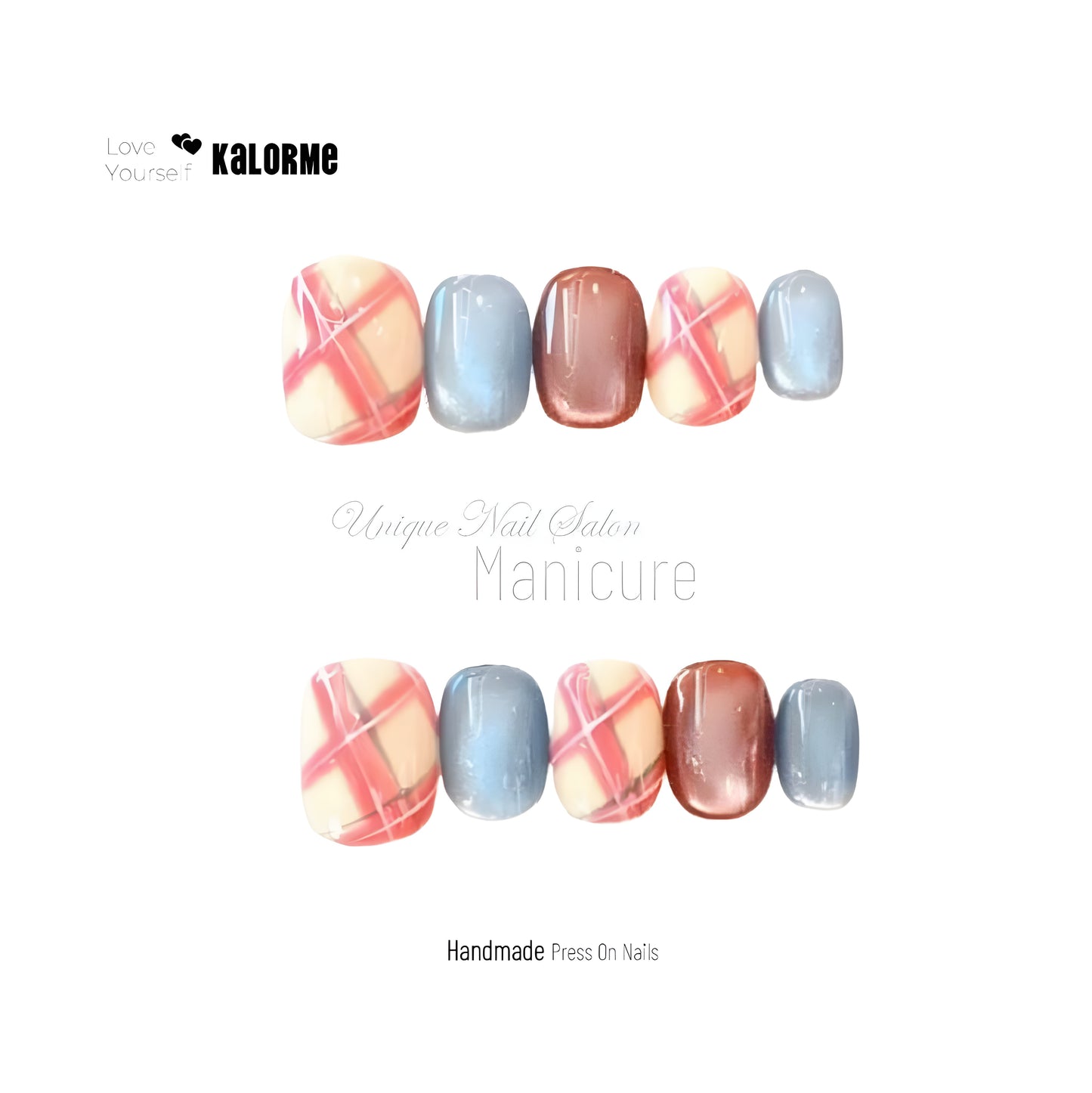 Cute Plaid Design Short Oval Handmade Press On Nails