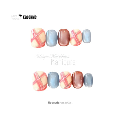 Cute Plaid Design Short Oval Handmade Press On Nails