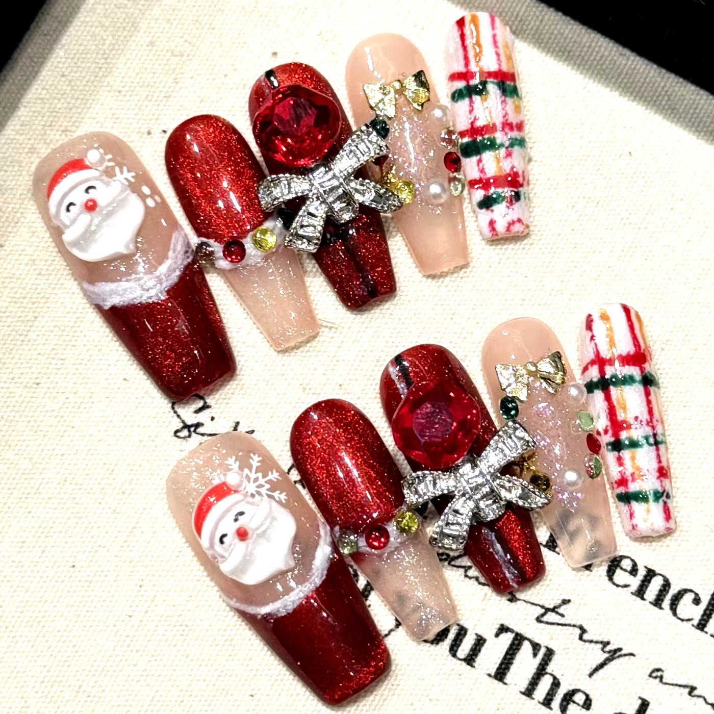 Red 3D Santa Claus Bowknot Colorful Diamond Handmade Press On Nails