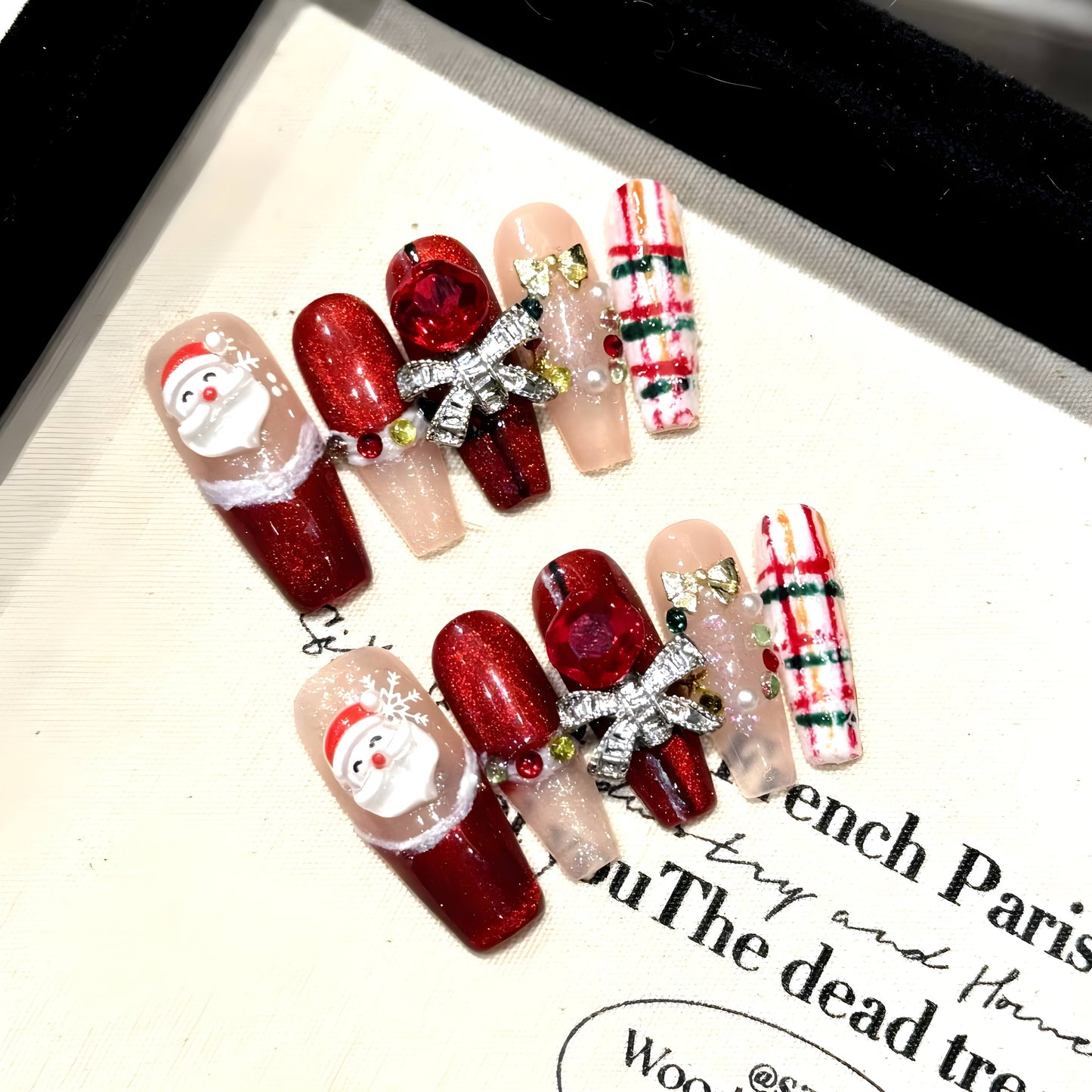 Red 3D Santa Claus Bowknot Colorful Diamond Handmade Press On Nails