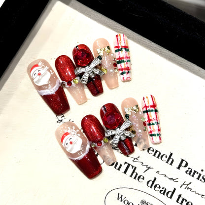 Red 3D Santa Claus Bowknot Colorful Diamond Handmade Press On Nails