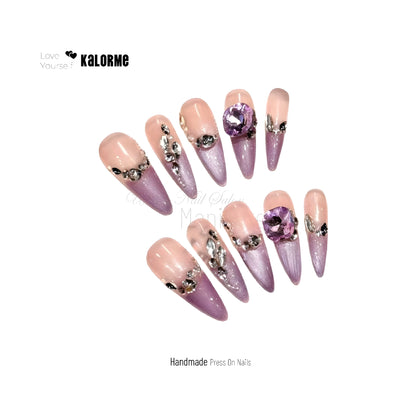 Glossy Diamond Purple Long Stiletto Handmade Press On Nails