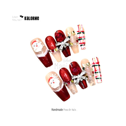 Red 3D Santa Claus Bowknot Colorful Diamond Handmade Press On Nails