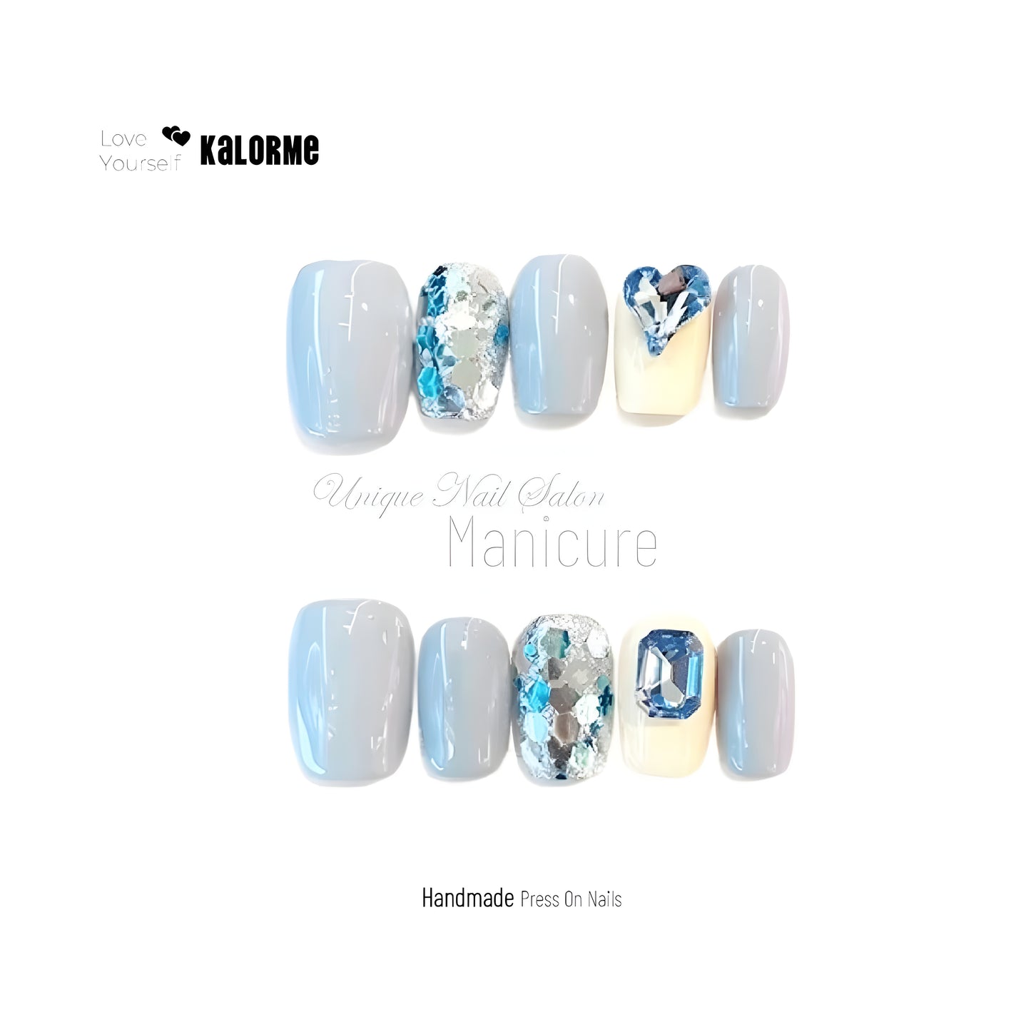 Sparkling Sequins Blue Rhinestones Handmade Press On Nails