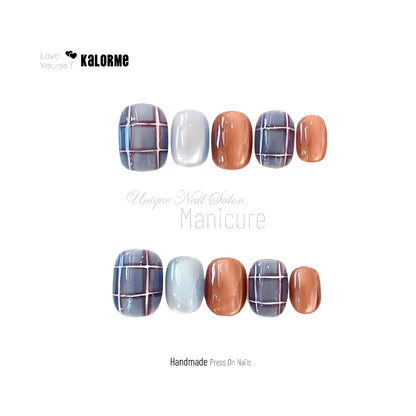 Blue Brown Cat Eyes Flash Crystal Short Oval Plaid Handmade Press On Nails