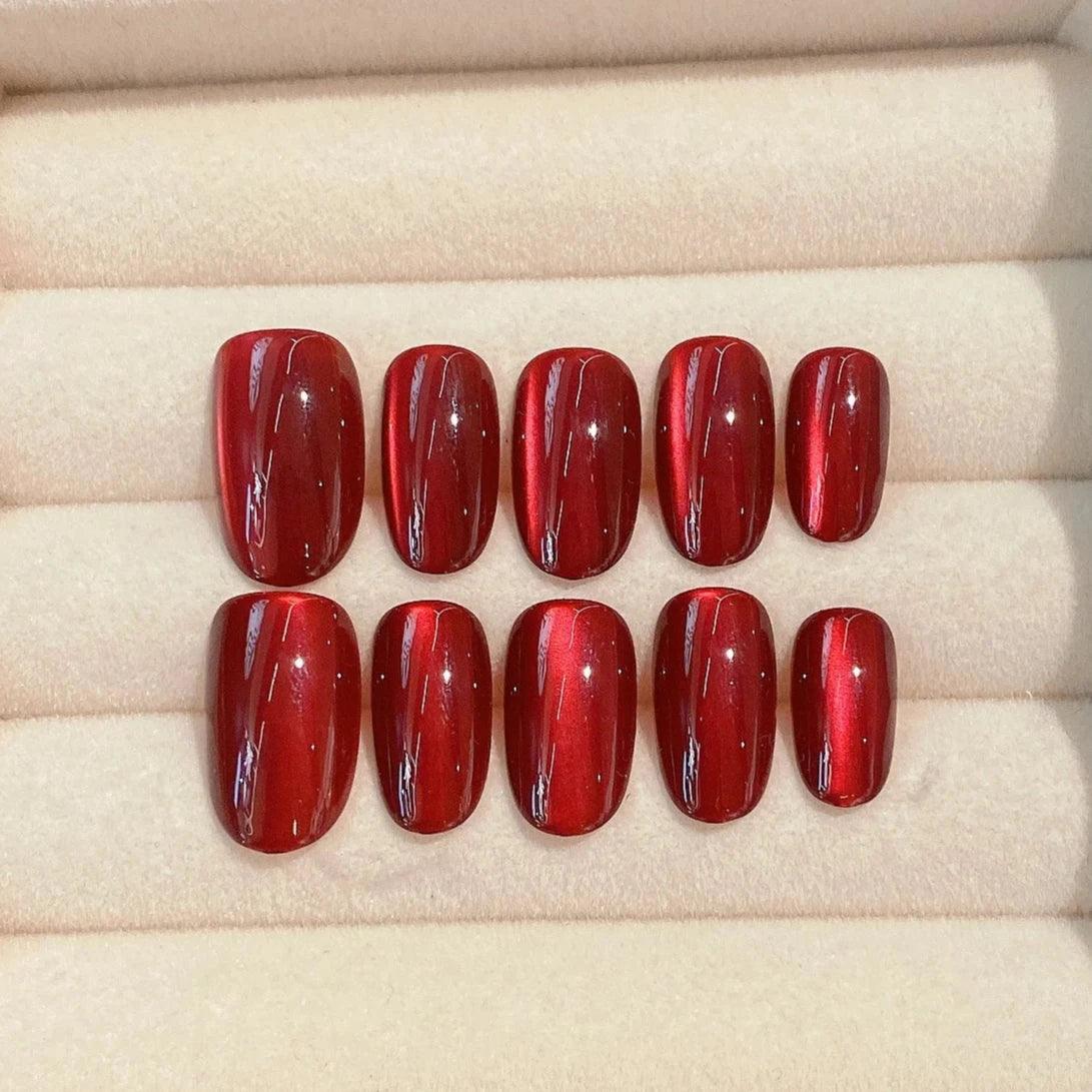 Red Cat Eye Almond Handmade Press On Nails - KalorMe