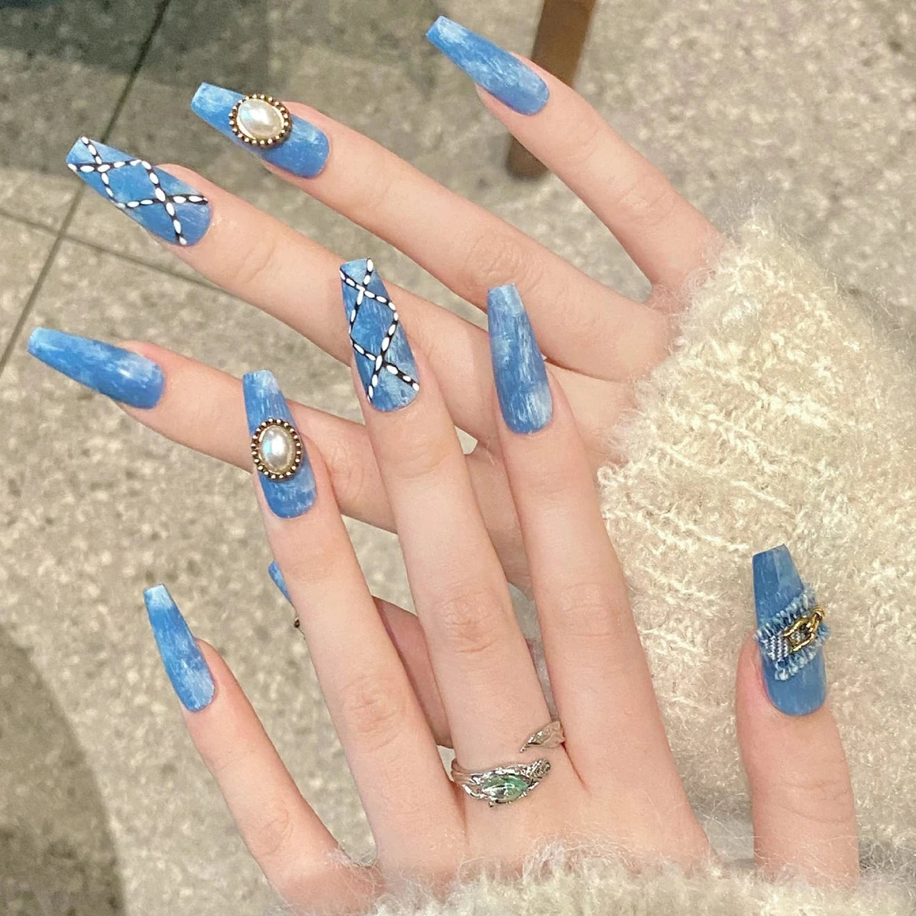 Blue Cowboy Style Long Coffin Handmade Press On Nails