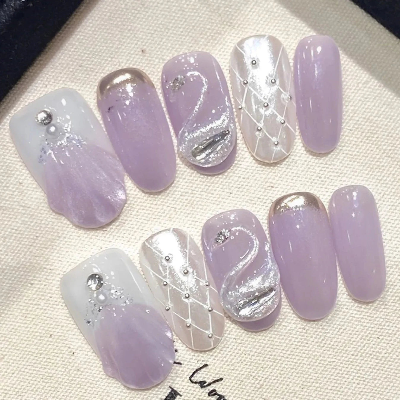 Glitter Swan Pearl Gradient Purple Round French Handmade Press On Nails