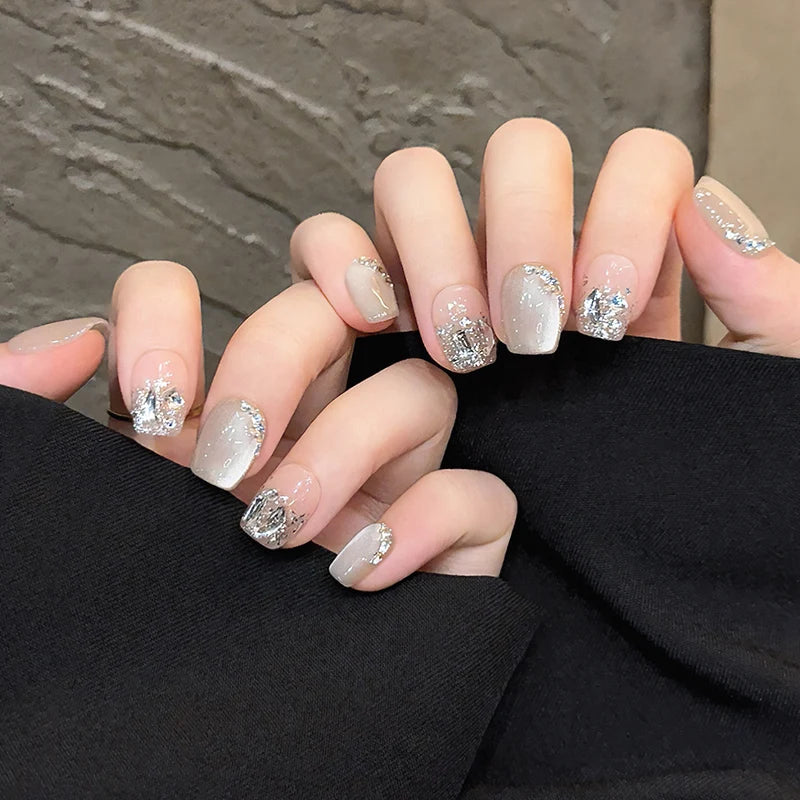 White Glitter Diamond Handmade Press On Nails