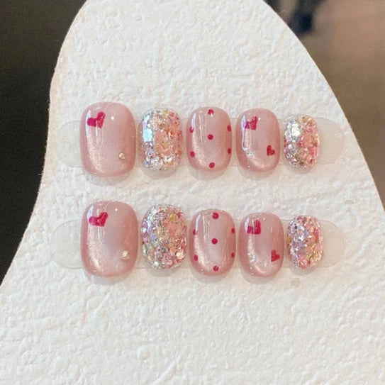 Pink Heart Polka Dot Colorful Sequins Handmade Press On Nails