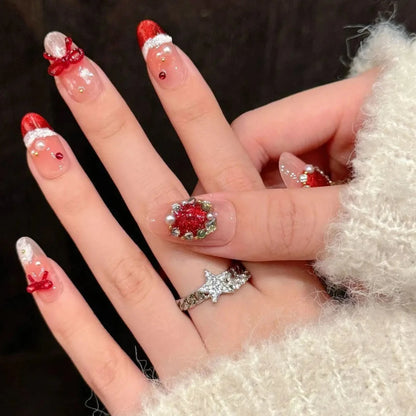 3D Bowknot Diamond Almond Shiny Red French Style Christmas Handmade Press On Nails