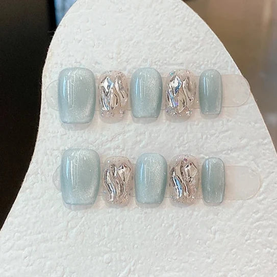 Irregular Rhinestones Blue Cat Eye Handmade Press On Nails