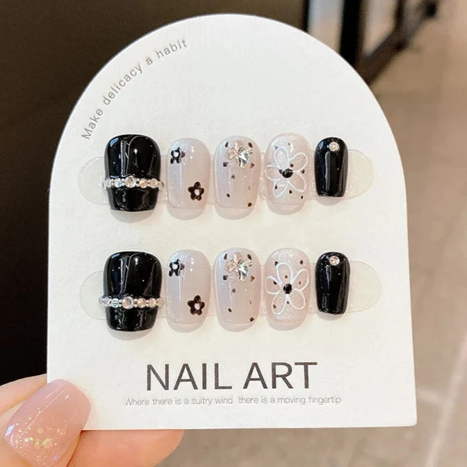 Small Floral Black Color Rhinestone French Cat Eye Handmade Press On Nail