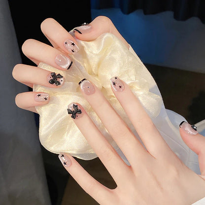 Black Short Ballet French Bow Design Cat Eye Handmade Press On Nails