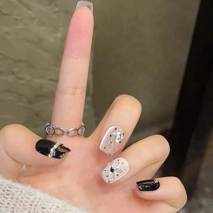 Small Floral Black Color Rhinestone French Cat Eye Handmade Press On Nail