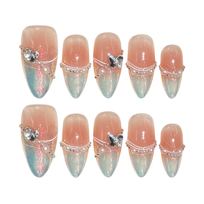 Pink Aurora Butterfly Pearls Almond French Handmade Press On Nails