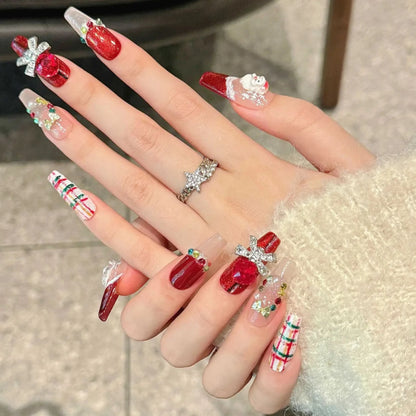 Red 3D Santa Claus Bowknot Colorful Diamond Handmade Press On Nails