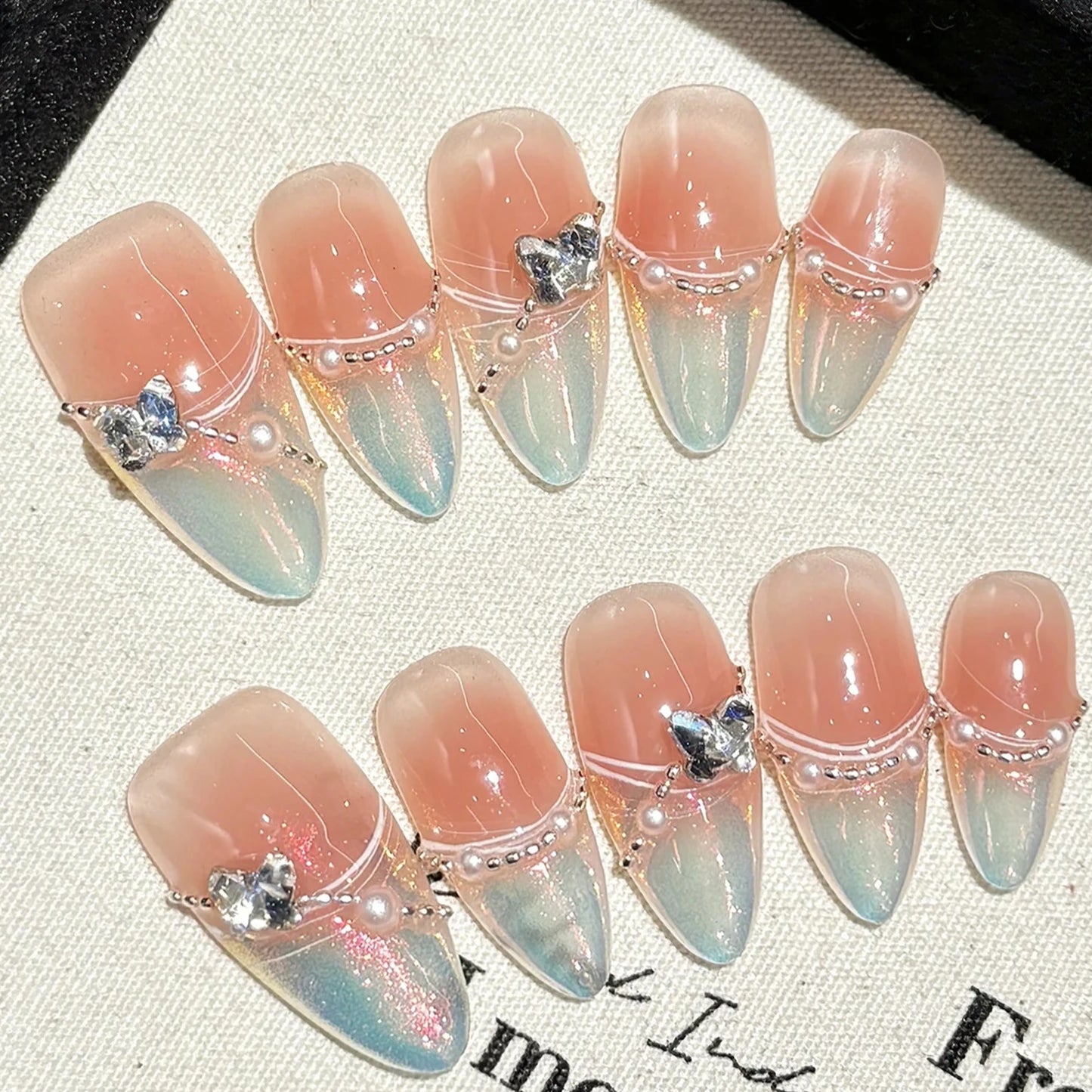 Pink Aurora Butterfly Pearls Almond French Handmade Press On Nails