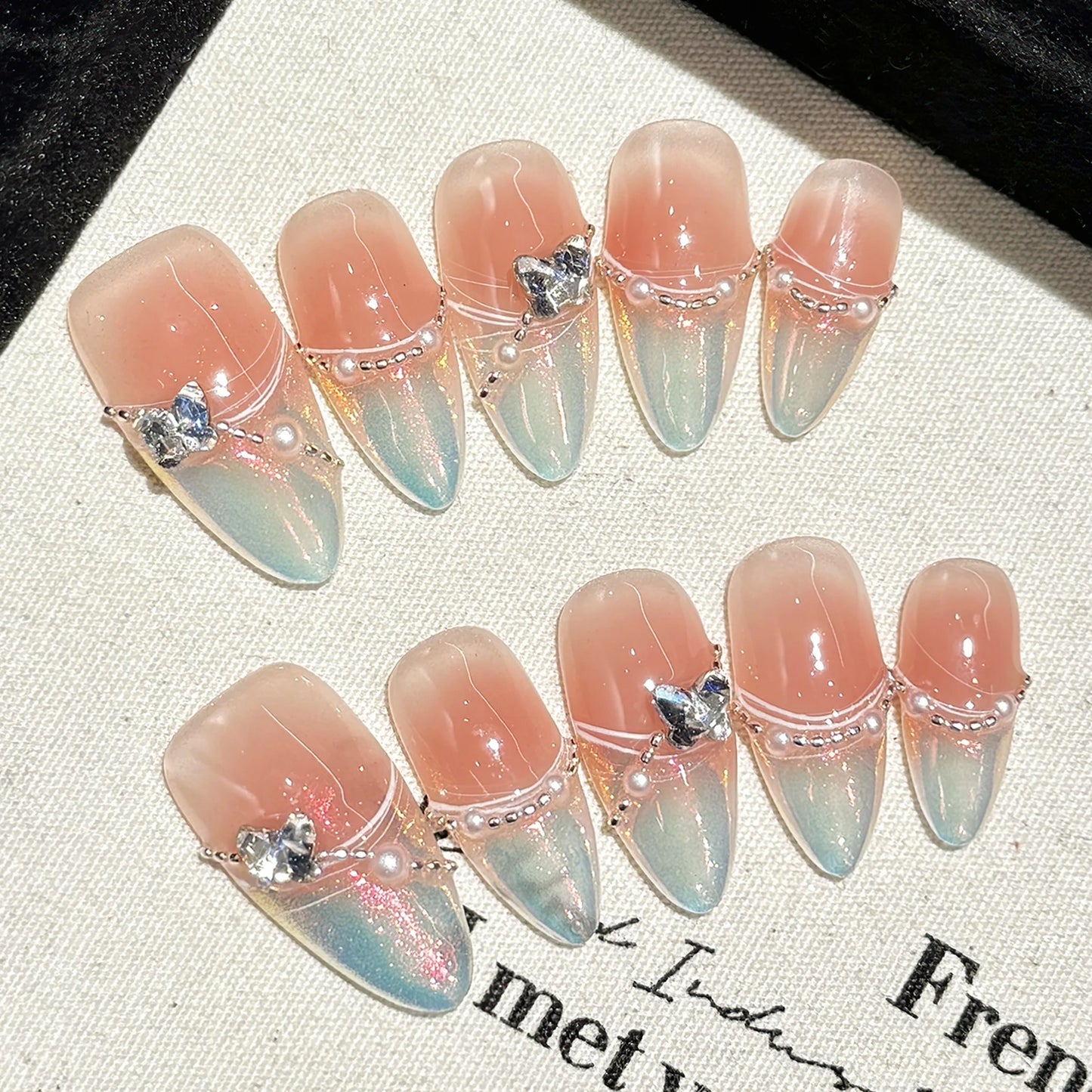 Pink Aurora Butterfly Pearls Almond French Handmade Press On Nails