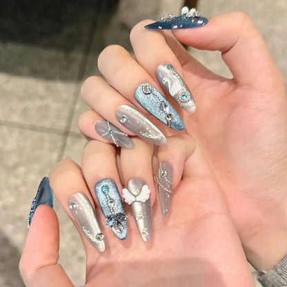 Blue Grey Swan Angel Wing Handmade Press On Nails