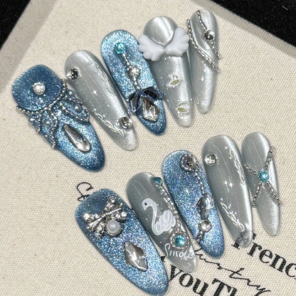 Blue Grey Swan Angel Wing Handmade Press On Nails