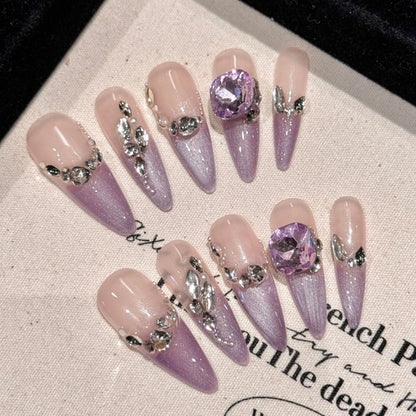 Glossy Diamond Purple Long Stiletto Handmade Press On Nails