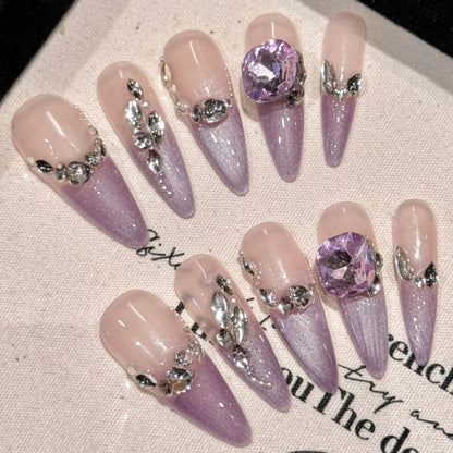 Glossy Diamond Purple Long Stiletto Handmade Press On Nails