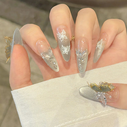 3D Glitter Crystal Green Butterfly Pearl Handmade Press On Nails