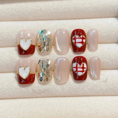 Aesthetic Red Heart Design Glitter Sequins Handmade Press On Nails