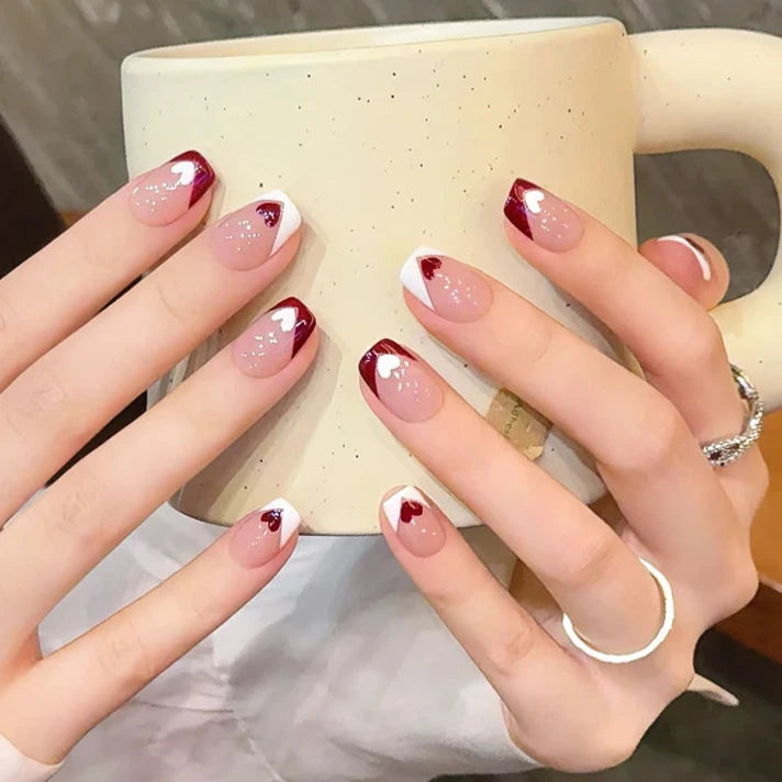 French Red White Heart Handmade Press On Nails