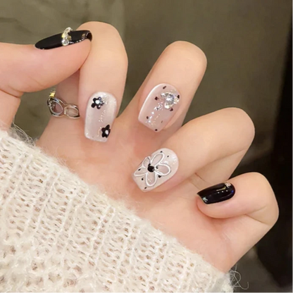 Small Floral Black Color Rhinestone French Cat Eye Handmade Press On Nail