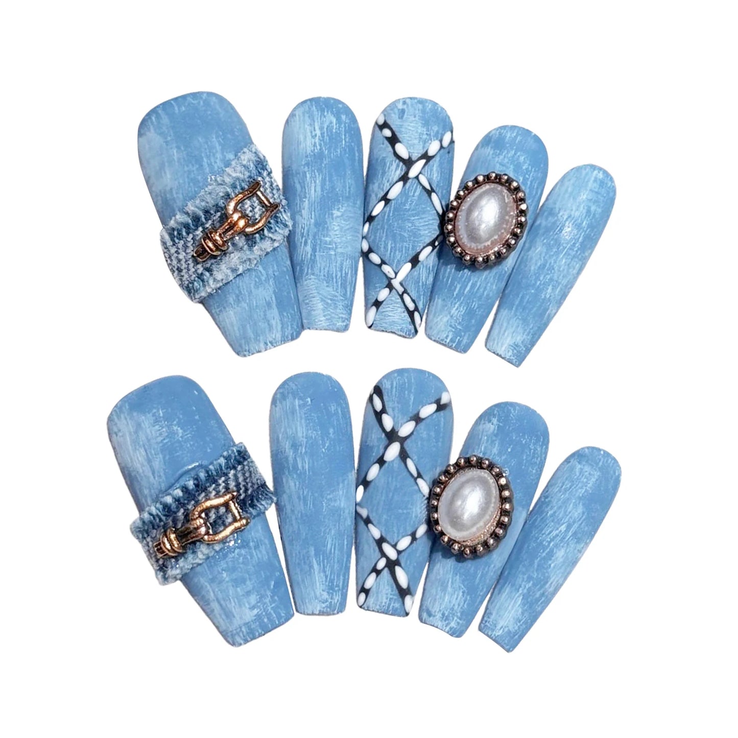 Blue Cowboy Style Long Coffin Handmade Press On Nails