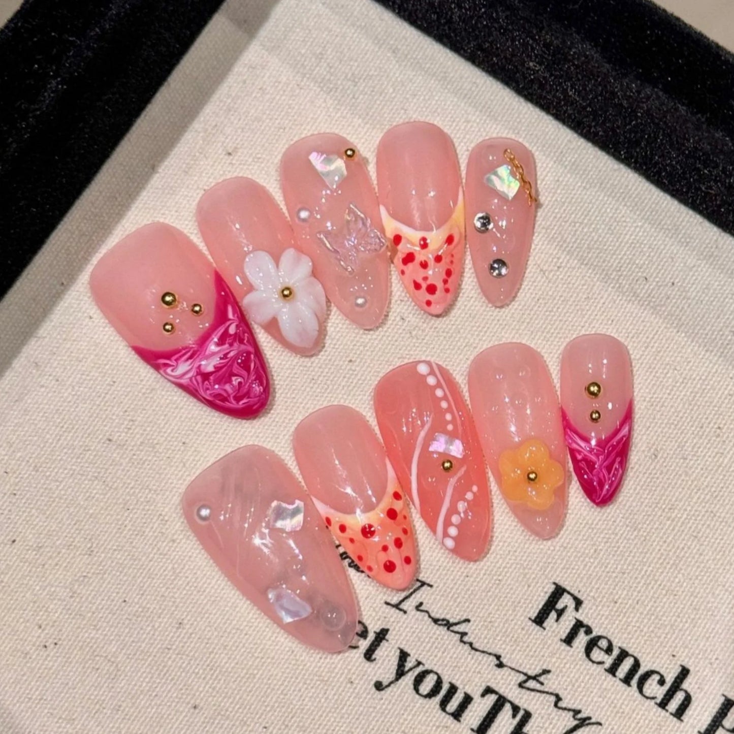 Pink Painted Flower Glossy Diamond Designs Almond Handmade Press On Nails