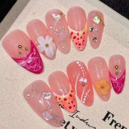 Pink Painted Flower Glossy Diamond Designs Almond Handmade Press On Nails