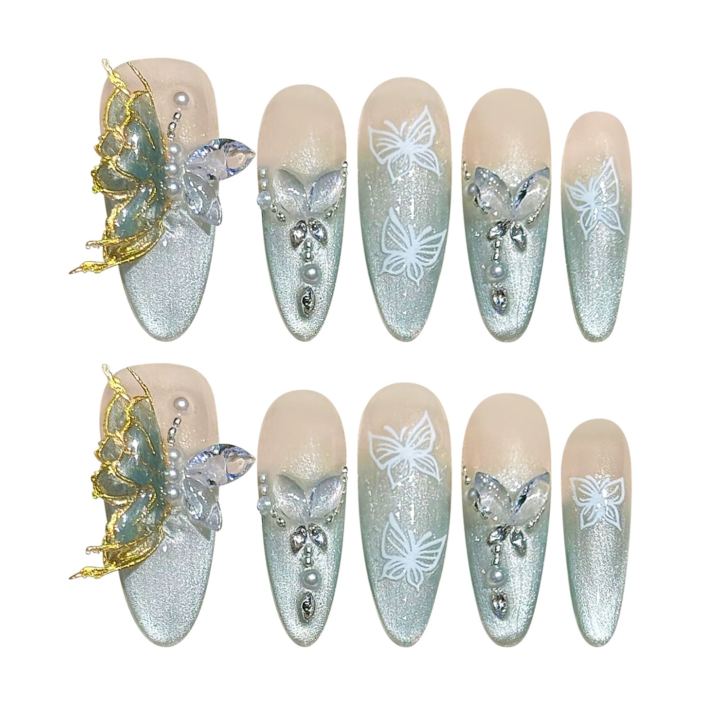 3D Glitter Crystal Green Butterfly Pearl Handmade Press On Nails