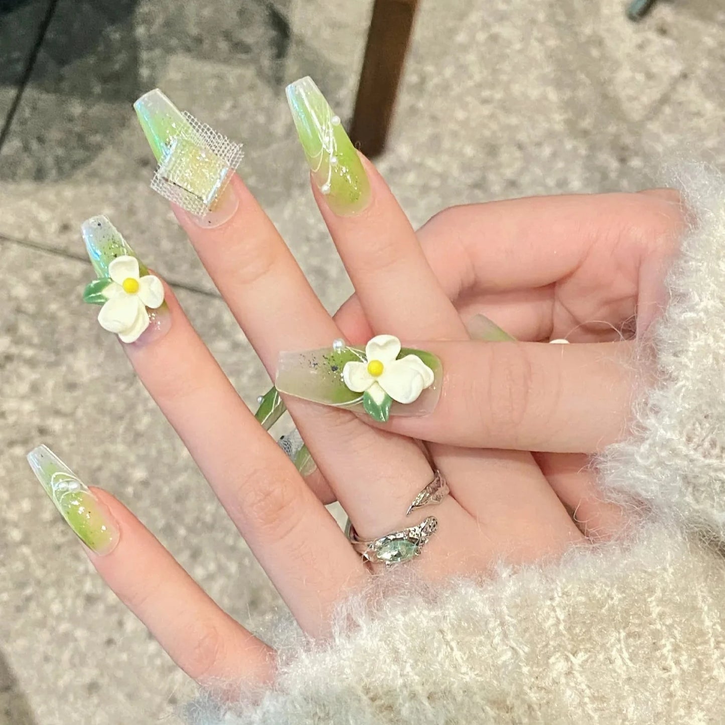 Light Green 3D Flower Rhienstone Pearl Long Coffin Handmade Press On Nails