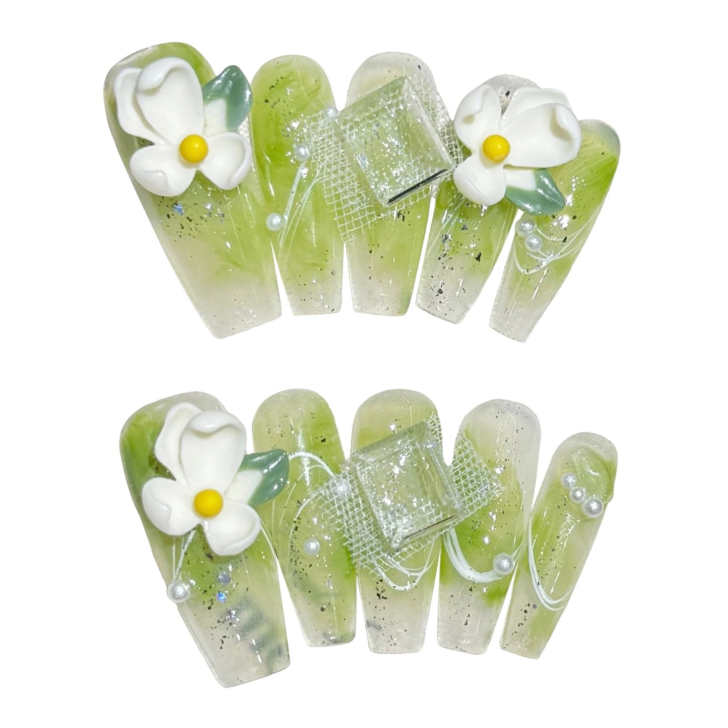 Light Green 3D Flower Rhienstone Pearl Long Coffin Handmade Press On Nails