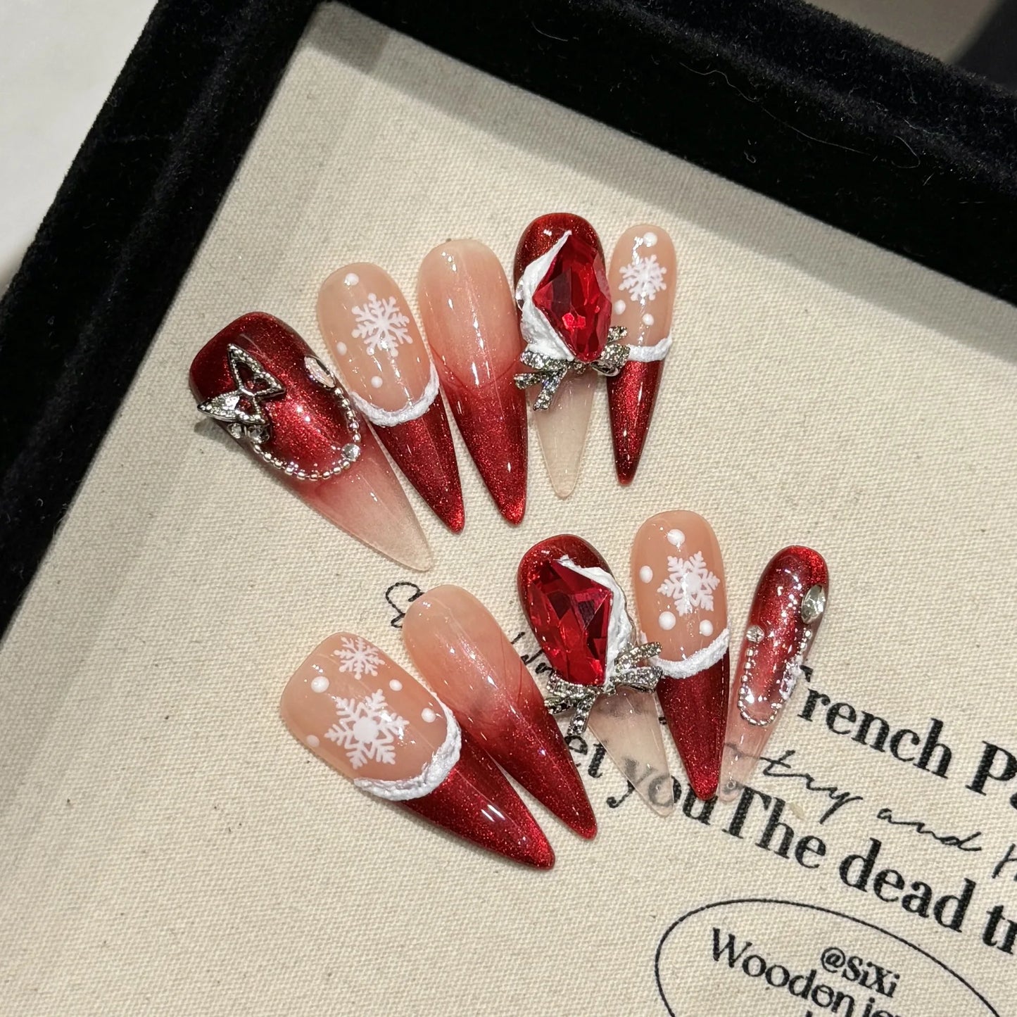 Wine-Red Christmas Snowflake French Diamond Handmade Press On Nails