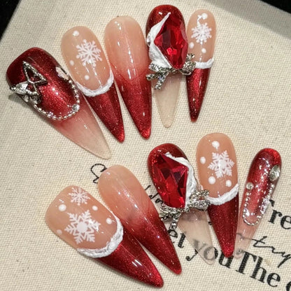 Wine-Red Christmas Snowflake French Diamond Handmade Press On Nails