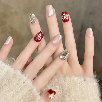 Aesthetic Red Heart Design Glitter Sequins Handmade Press On Nails