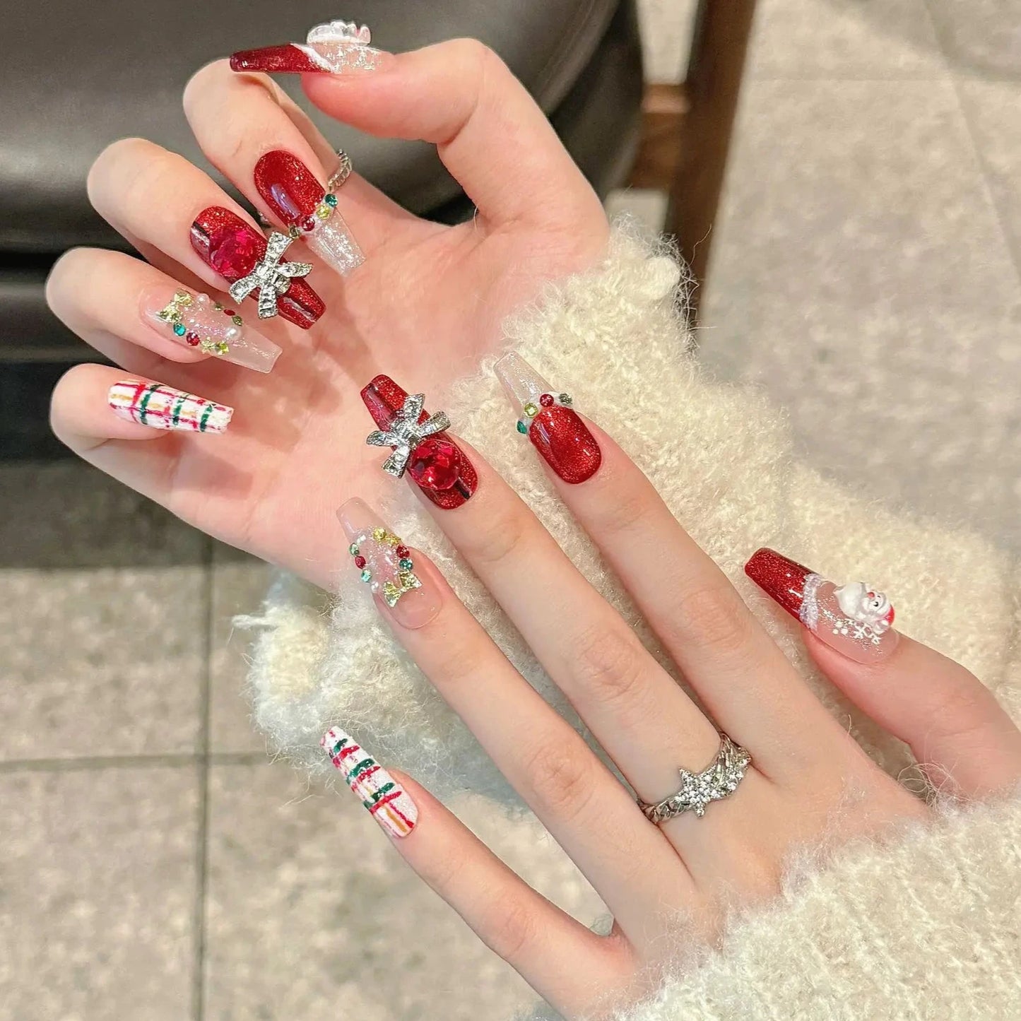 Red 3D Santa Claus Bowknot Colorful Diamond Handmade Press On Nails