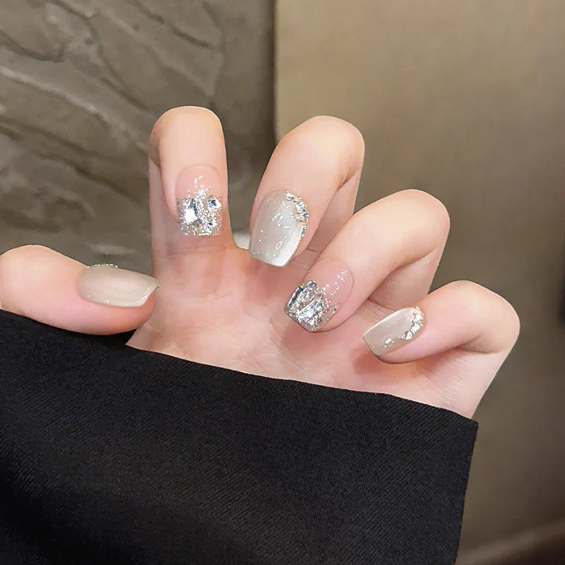 White Glitter Diamond Handmade Press On Nails