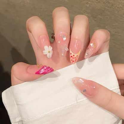 Pink Painted Flower Glossy Diamond Designs Almond Handmade Press On Nails