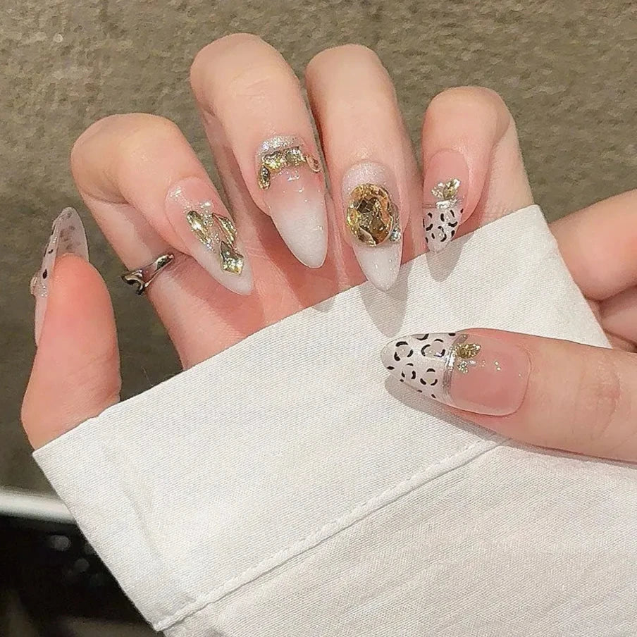 Glitter Rhinestone Flash Nude Color Leopard Cat's Eye Handmade Press On Nails