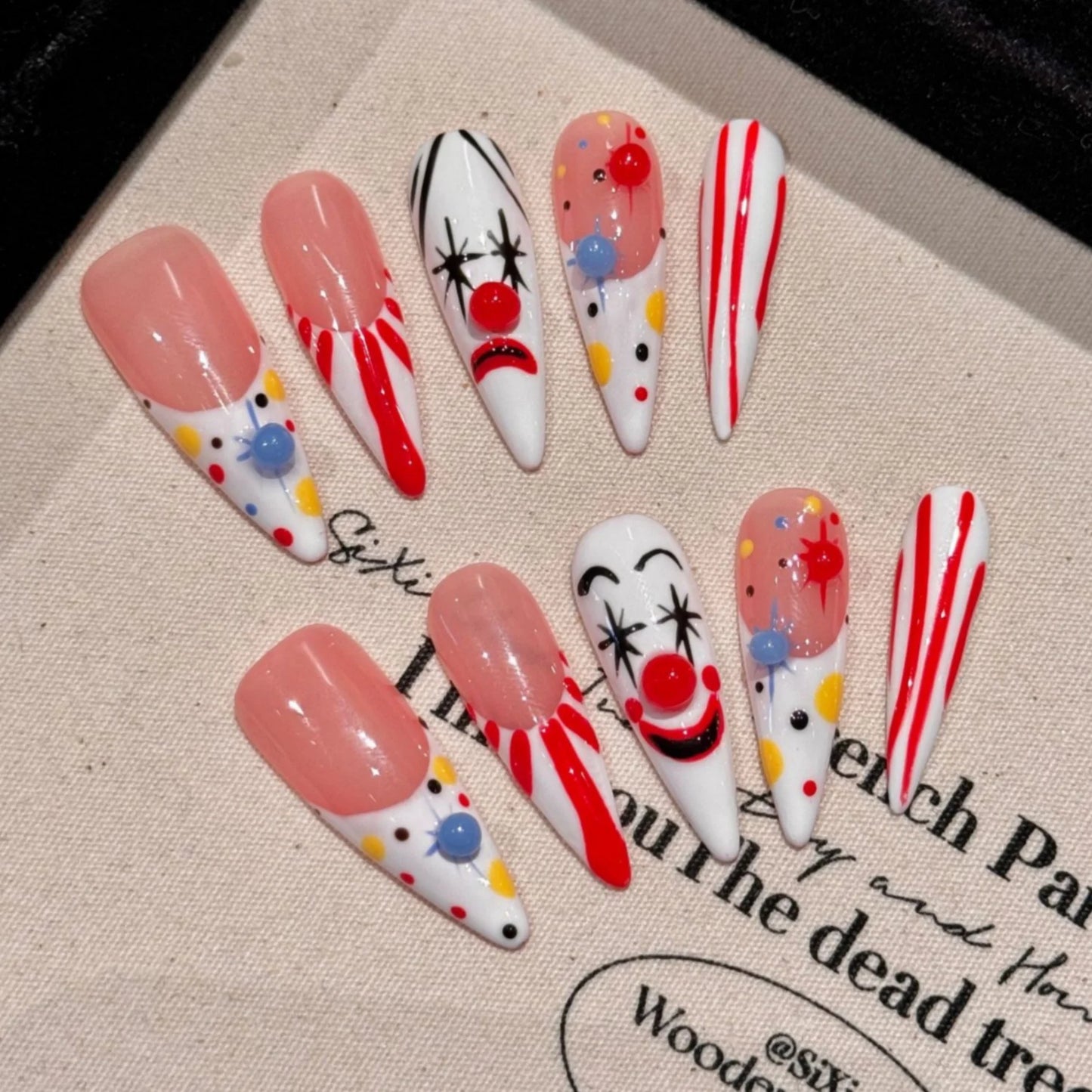 Clown Designs Pink French Long Stiletto Handmade Press On Nails