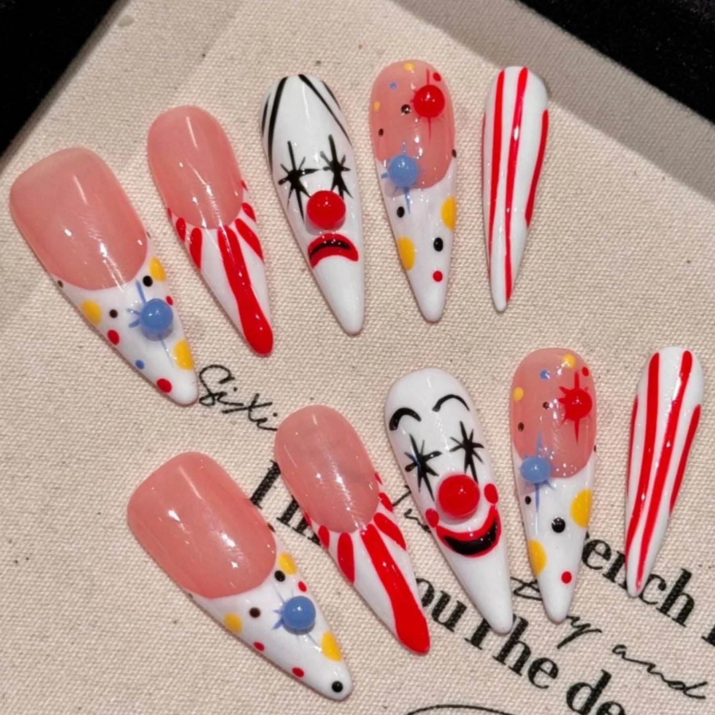 Clown Designs Pink French Long Stiletto Handmade Press On Nails